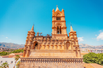 Fototapeta premium Palermo Cathedral Tower , Sicily, Italy. View from the roof of the cathedral on the city and surrounding buildings in Palermo