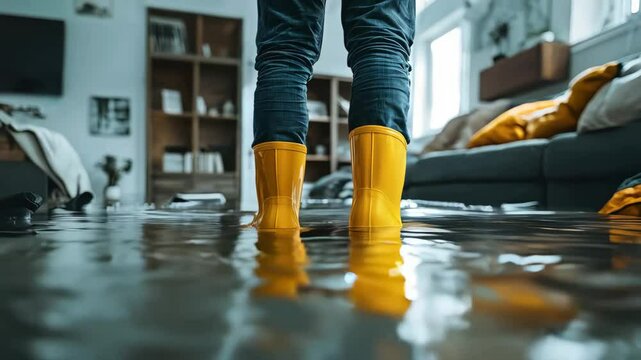 Flooded Home Interior: Person in Yellow Boots Standing in Floodwater - Water Damage Emergency - Disaster Relief Footage