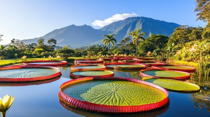 Expansive lotus pond with lush green pads and blossoms reflecting off the calm water surface.