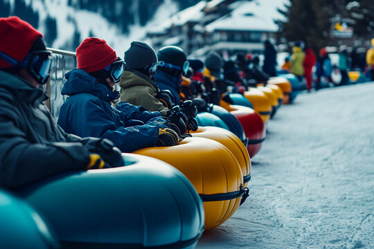 Group of people enjoying winter tubing at a ski resort during evening hours with snow-covered mountains in the background