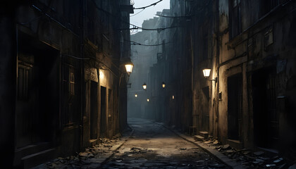 Fototapeta premium Dark, foggy alleyway at night with old buildings and streetlights.