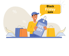 Black Friday sale illustration featuring 50% off items in a vibrant and engaging design.