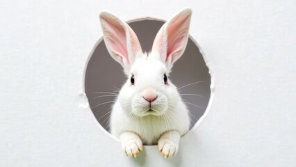 Obraz premium White Easter bunny peeking out of hole in white paper wall, easter, spring