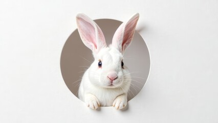 Obraz premium White Easter bunny peeking out of hole in white paper wall, easter, spring