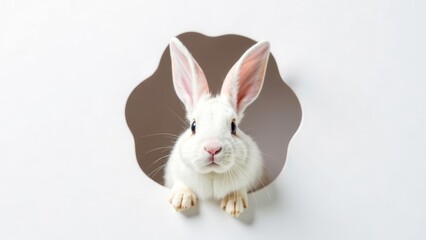 Obraz premium White Easter bunny peeking out of hole in white paper wall, easter, spring