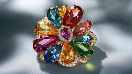 Fototapeta premium Glimmering brooch featuring colorful gemstones, set against a muted color background for dramatic effect.