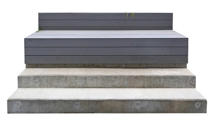 Park bench made of grey wooden planks and concrete steps isolated