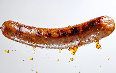 A grilled sausage mid-flight, with drops of oil and steam visible against a bright white background
