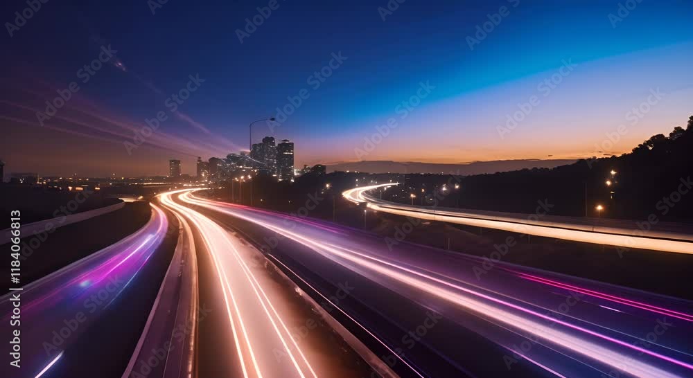 Aufkleber light trails are speeding across a highway at night with glowing dots on the side creating a futuris