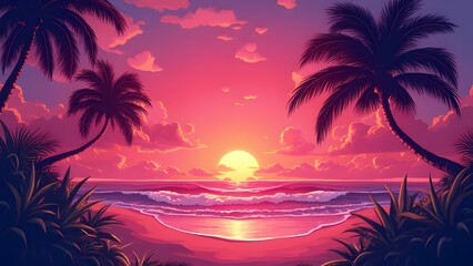 Obraz premium Vibrant Pink Sunset over Tropical Beach, Palm Trees Silhouette, Ocean Waves, and Sandy Shore