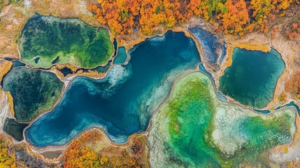Fototapeta premium Aerial view of vibrant turquoise and green lakes surrounded by autumn foliage.