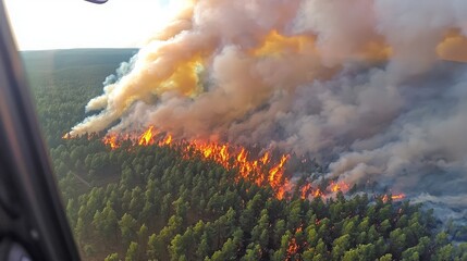Aerial view of wildfire raging through a forest, intense flames and smoke billowing.