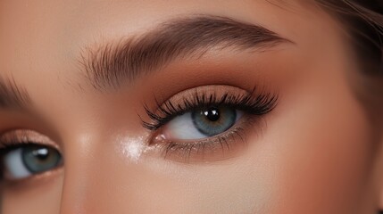 Obraz premium Eye makeup with perfect eyeliner and defined eyebrows showcases beauty and artistry. Mocha Mousse trend color 2025