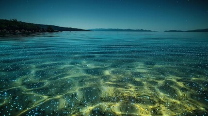 Obraz premium Bioluminescent plankton glowing in calm sea at night.