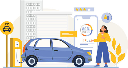 Naklejka premium Eco-friendly electric scooter charging depicted in an urban environment.