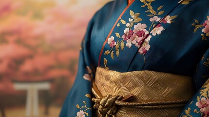 Close-up of woman wearing teal kimono with gold obi and floral embroidery, autumnal backdrop.