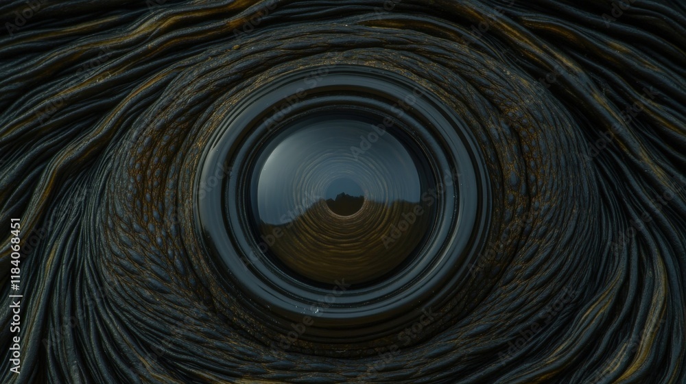 Poster intriguing close-up of a textured eye surface surrounded by twisting organic patterns and reflective