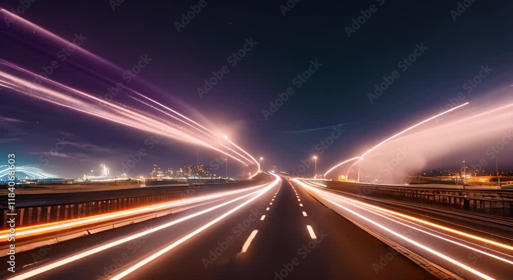 Poster light trails are speeding across a highway at night with glowing dots on the side creating a futuris