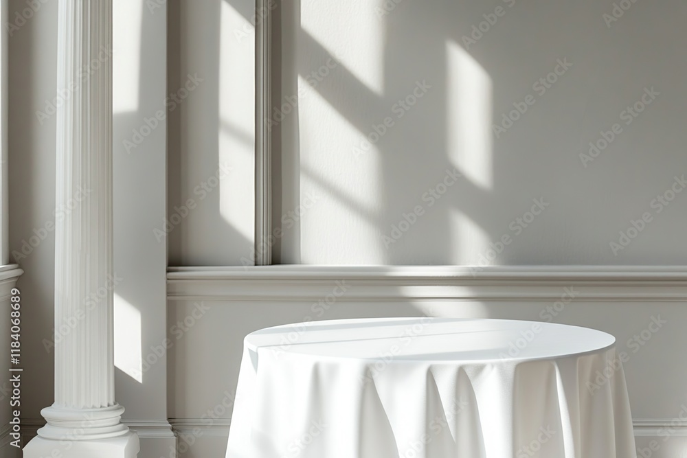 Poster elegant white tablecloth draped on round table in sunlit room with classic columns, creating a seren