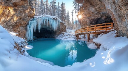 Sunlit icy cave pool, winter wonderland.
