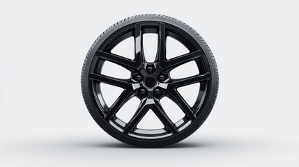 Obraz premium Shiny black alloy car wheel with a sharp spoke design, isolated on a light grey background.