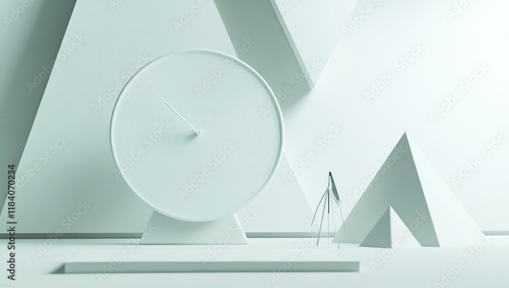 Poster abstract geometric shapes minimalist clock design showcase: modern 3d render with white pyramids and