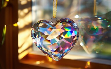 A heart-shaped crystal ornament catching sunlight and creating rainbow reflections for Saint Valentines Day