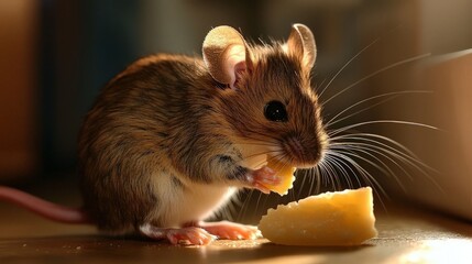 Fototapeta premium Close-up of a small brown mouse eating a piece of cheese.