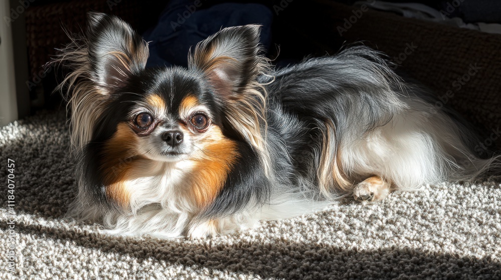 Poster charming small dog relaxing in sunlight on soft carpet with unique coat color and playful expression