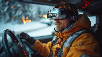 Man in VR headset drives vehicle, snowy winter landscape