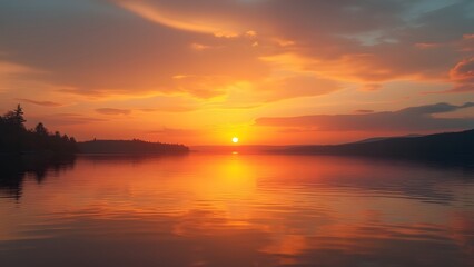 Vibrant Sunset Reflection on Serene Lake, Minimalist Orange and Yellow Landscape Photography