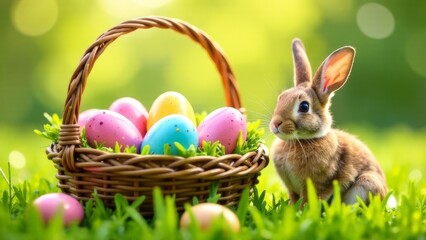 easter bunny and easter eggs. Easter, spring card. a basket with colorful Easter eggs located in the green grass, next to a cheerful Easter bunny.