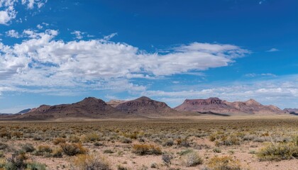 Vast desert landscape with mountains under a bright blue sky and scattered clouds. Nature and wilderness concept