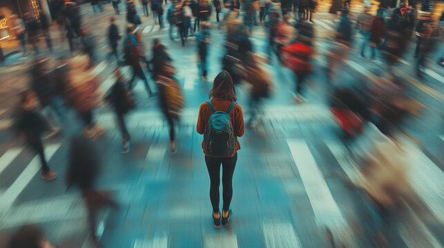 Woman with a backpack standing still in the middle of a busy crosswalk - concept of a feeling isolated or lonely