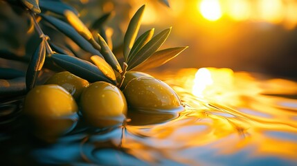 Green Olives Soaked in Olive Oil with Natural Light