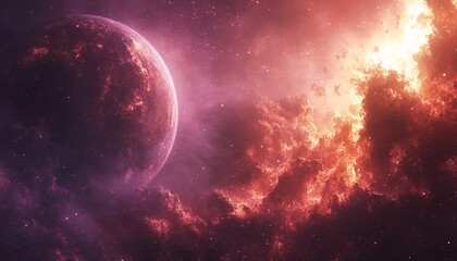 Planet near nebula, cosmic clouds and stars