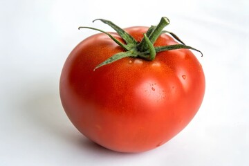 Single red tomato resting on a clean white background, showcasing the vibrant color of the red tomato, perfect for highlighting the freshness of the red tomato in culinary imagery.