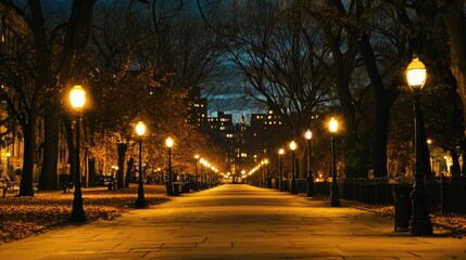Street lamps along an empty avenue at night, with glowing light creating a peaceful and nostalgic mood.