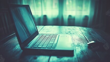 Laptop on wooden desk, night, window, work