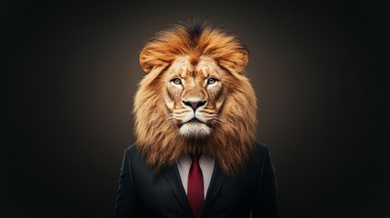 Bold lioness wearing tailored black suit exudes confidence with striking mane and fierce gaze