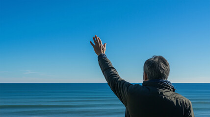 水平線と青空に映える男性の手と海岸線の風景