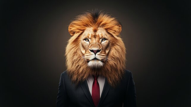 Bold lioness wearing tailored black suit exudes confidence with striking mane and fierce gaze