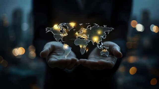 Global Network Connection: Digital World Map in Hands - Futuristic Technology, Business Growth, Global Communication Video Footage, Abstract Background Animation