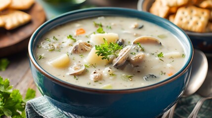 Creamy clam chowder in a teal bowl with crackers.
