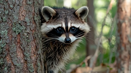 Obraz premium Curious raccoon peering from behind a tree in a forest.