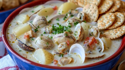 Creamy clam chowder with potatoes and crackers in a blue bowl.
