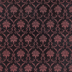 Dark vintage damask pattern with red ornamental motifs. Rich baroque seamless wallpaper suitable for luxury, gothic, or dramatic design themes.