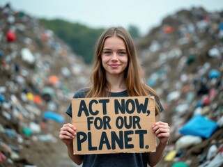 Young activist holds sign urging action for climate change in a trash-filled landscape