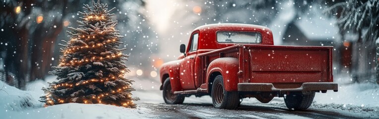 A toy red truck carrying a Christmas tree, surrounded by snowy decor and festive lights. Perfect for holiday, winter, and nostalgic themes.