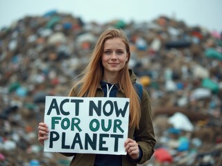 Youth advocate holds sign for climate action at a waste site during a demonstration to raise awareness about environmental issues